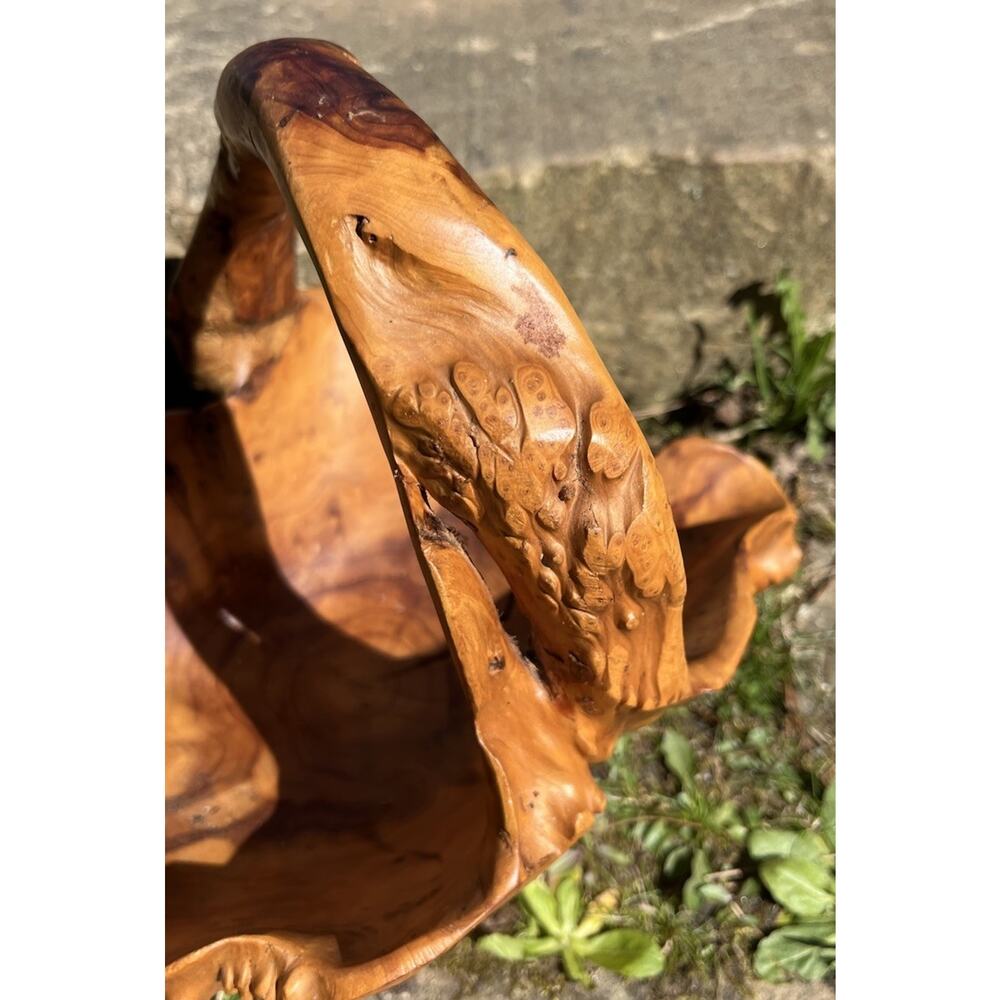 Vintage Burlwood Hand Carved Basket/Bowl with Handle - Picture 4 of 12